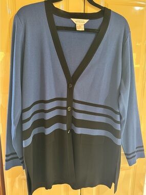 Misook Blue and Black Striped Button-Front Cardigan